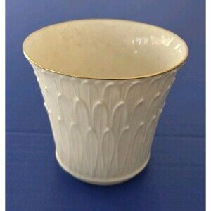 Lenox Ivory w Gold Trim & Tall Leaf Design Candy Dish Flower Pot Vase 4" X 4.75"